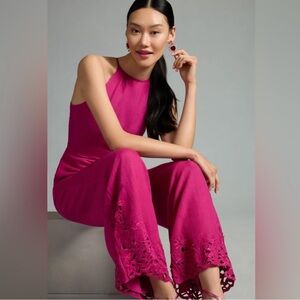 By Anthropologie Cutwork Linen Halter Embroidered Jumpsuit Fuchsia Dragon Fruit
